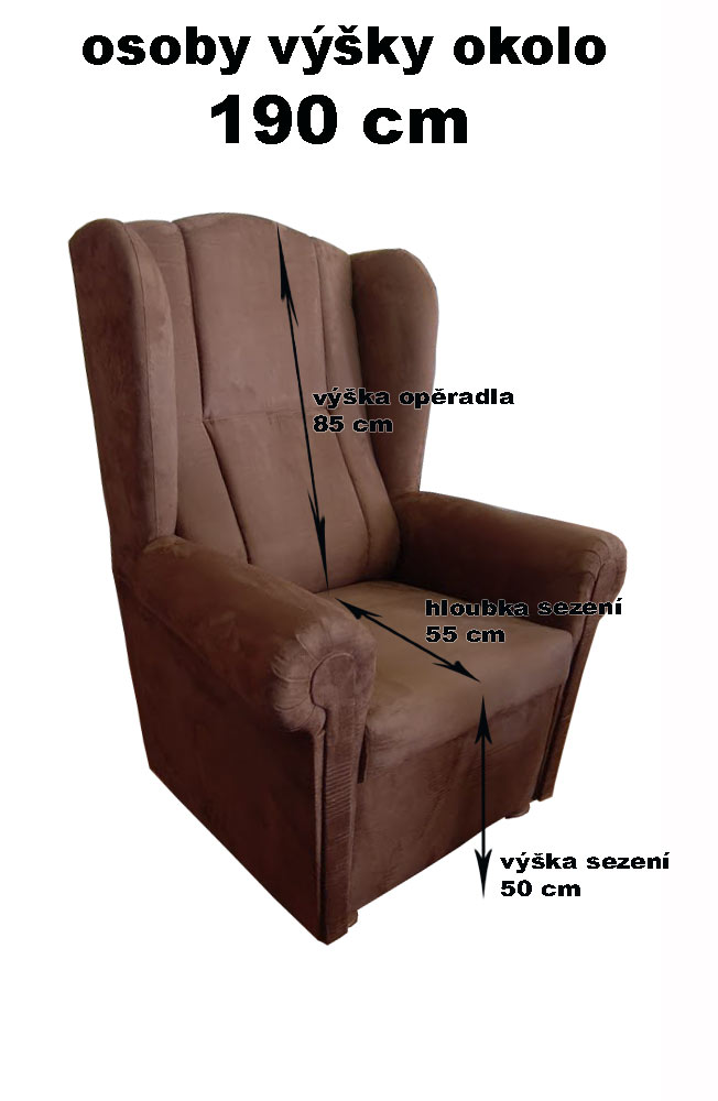 křeslo ušák CI, pro osoby výšky 190cm, sed: výš. 50cm, opěradlo 85cm,potahová látka Soft 98185,  tmavá hnědá