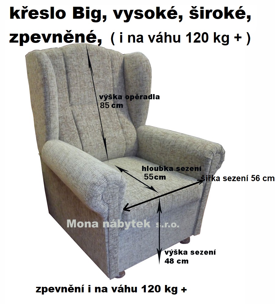 křeslo ušák Big, výš.48cm, opěr.85cm,šíř.+5cm, zpevnění 120kg+, Jazz 2 béžová